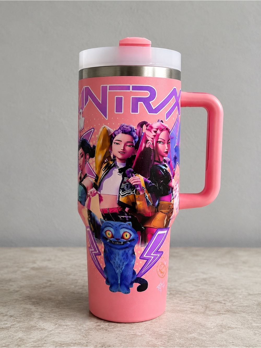 KPOP Demon Hunters Pink Travel Tumbler with Handle & Straw 40 Oz